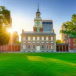 Vista externa do Independence Hall na Filadélfia com gramado verde ao amanhecer.
