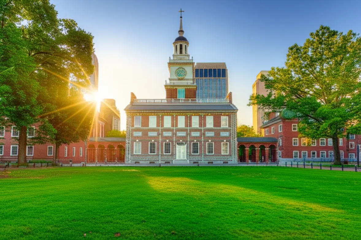 Vista externa do Independence Hall na Filadélfia com gramado verde ao amanhecer.
