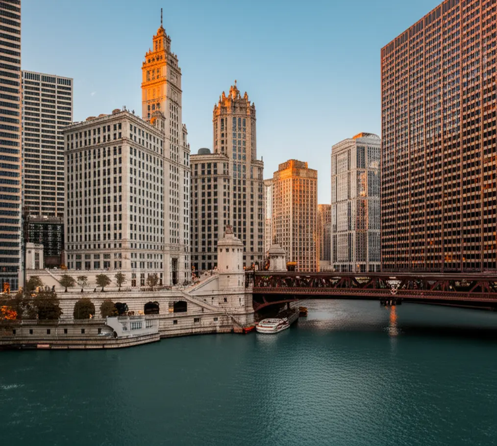 Skyline de Chicago refletido no rio durante o pôr do sol.