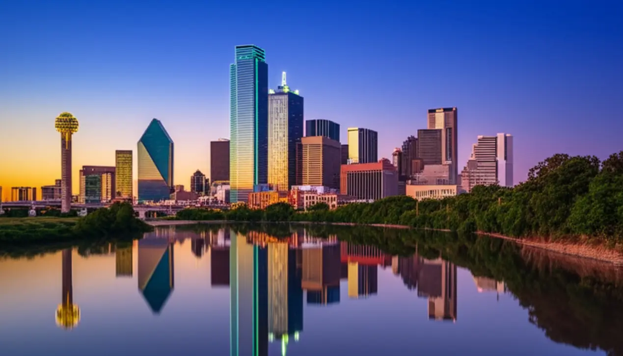 Skyline de Dallas ao entardecer com a Reunion Tower em destaque.