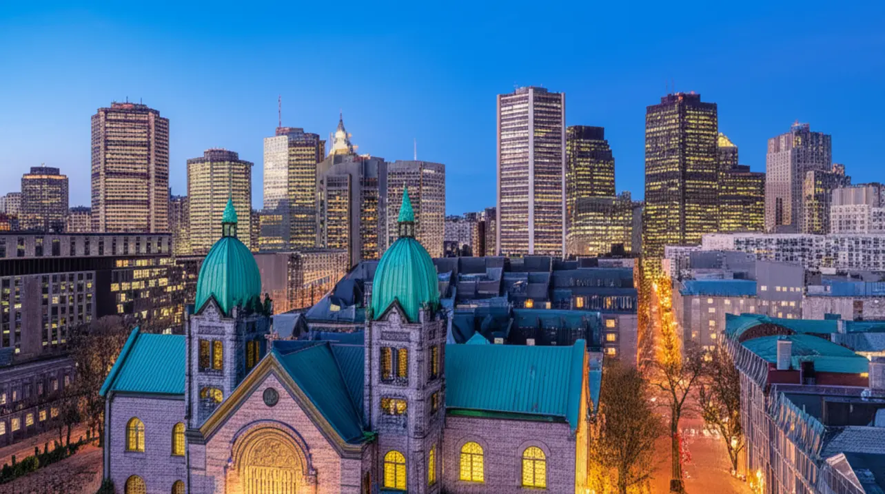 Vista icônica de Montreal com a Basílica de Notre-Dame em destaque.