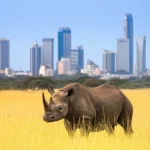 Um rinoceronte no Parque Nacional de Nairóbi com o skyline da cidade ao fundo.