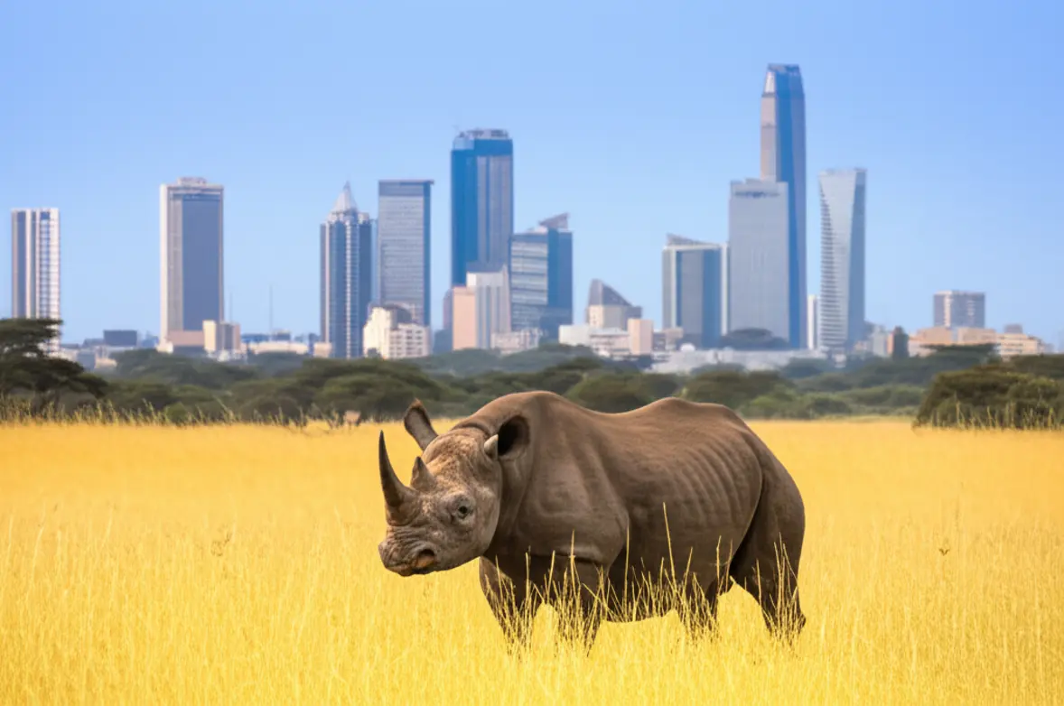 Um rinoceronte no Parque Nacional de Nairóbi com o skyline da cidade ao fundo.