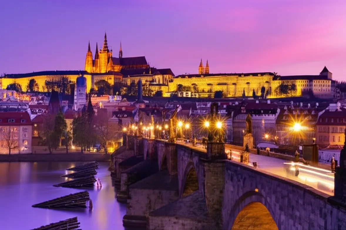 Vista panorâmica da Ponte Carlos e do Castelo de Praga ao pôr do sol.