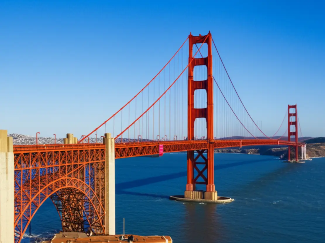 Vista clássica da Ponte Golden Gate em San Francisco sob um céu azul.