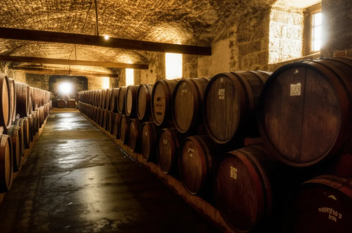 Interior de uma destilaria de rum histórica em Barbados com barris de carvalho.