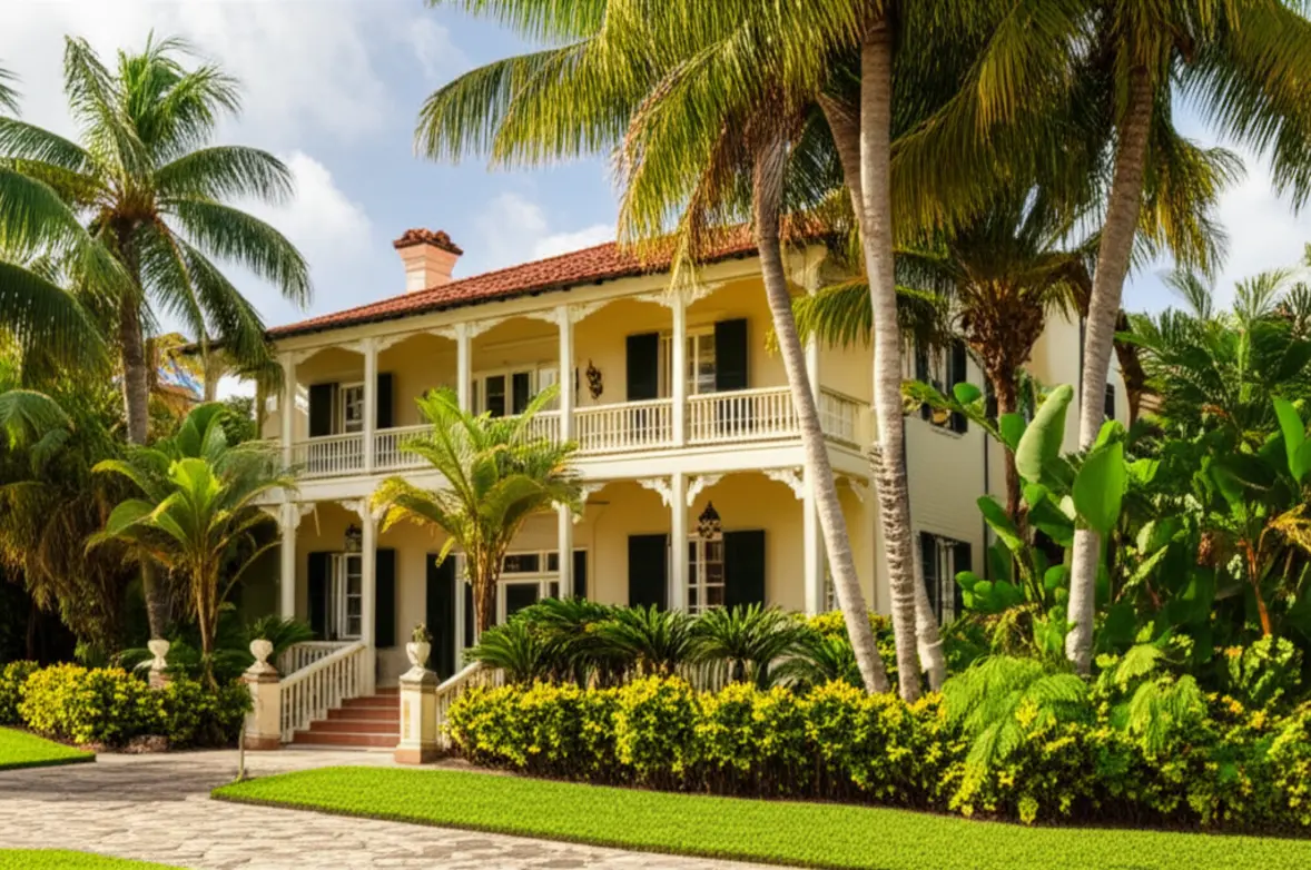 Fachada histórica da Casa de Ernest Hemingway cercada por palmeiras em Key West.