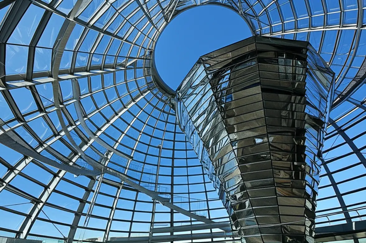 A impressionante cúpula de vidro do Reichstag em Berlim, destacando a arquitetura moderna sobre o prédio histórico.