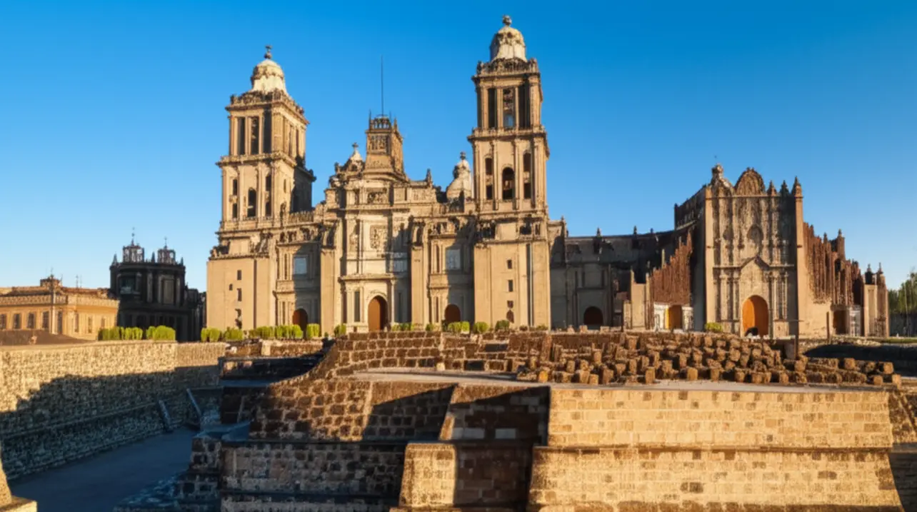 Ruínas astecas do Templo Mayor com a Catedral Metropolitana ao fundo no Centro Histórico da Cidade do México.