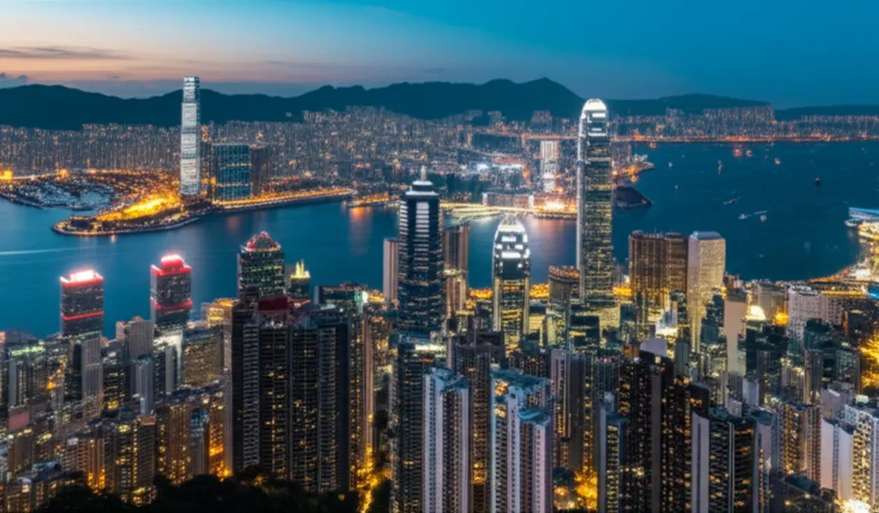 Foto panorâmica do skyline de Hong Kong com prédios iluminados e mar ao entardecer.