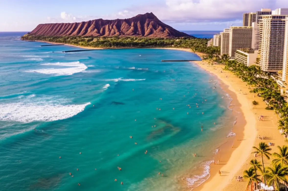 Vista panorâmica aérea de Waikiki Beach em Honolulu com o vulcão Diamond Head ao fundo.