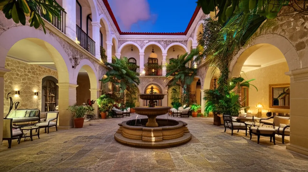 Pátio interno luxuoso de um hotel colonial em Santo Domingo.