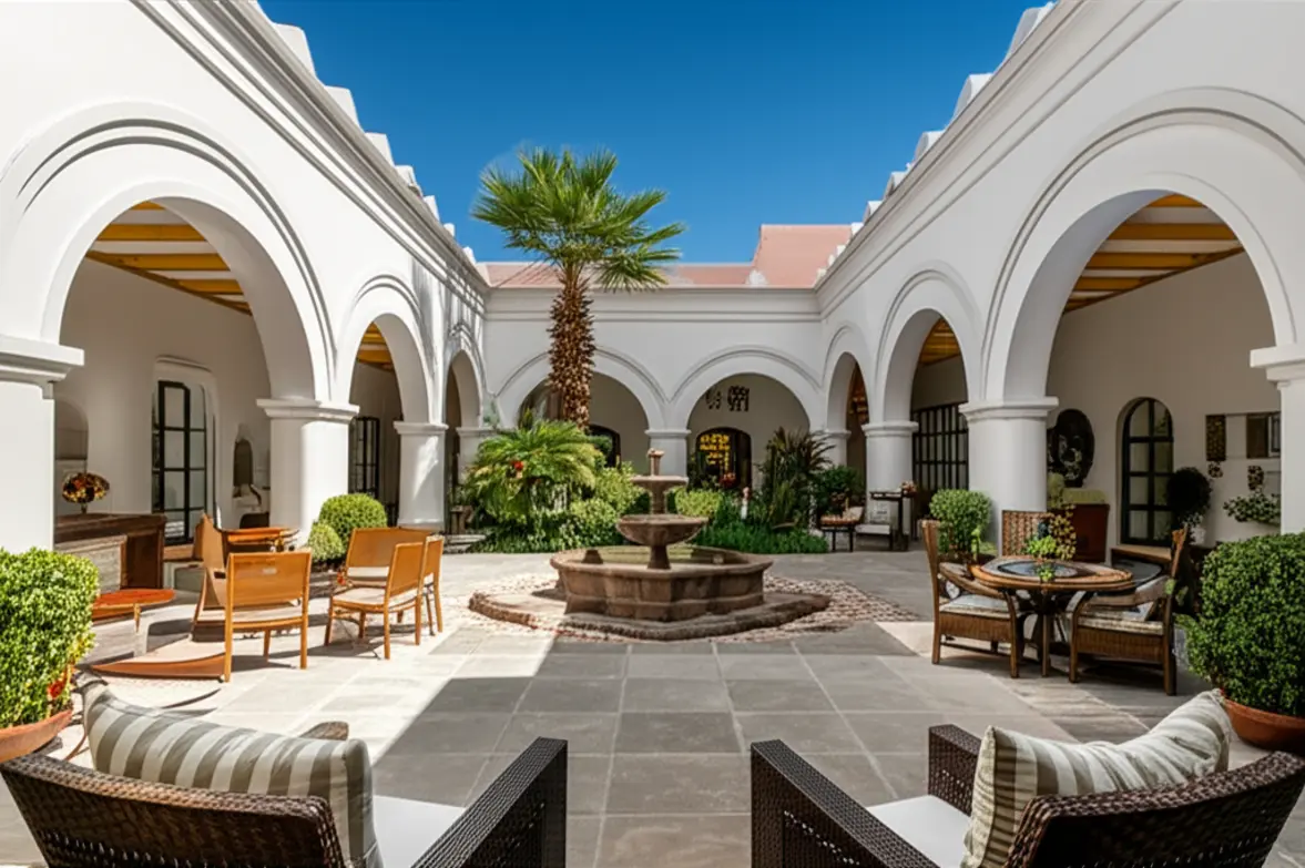 Pátio interno de um hotel boutique colonial em Arequipa.