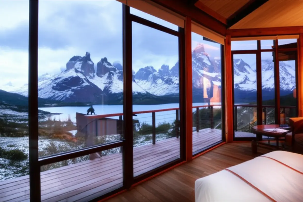 Interior de um hotel sustentável com grandes janelas de vidro voltadas para o Maciço Paine.