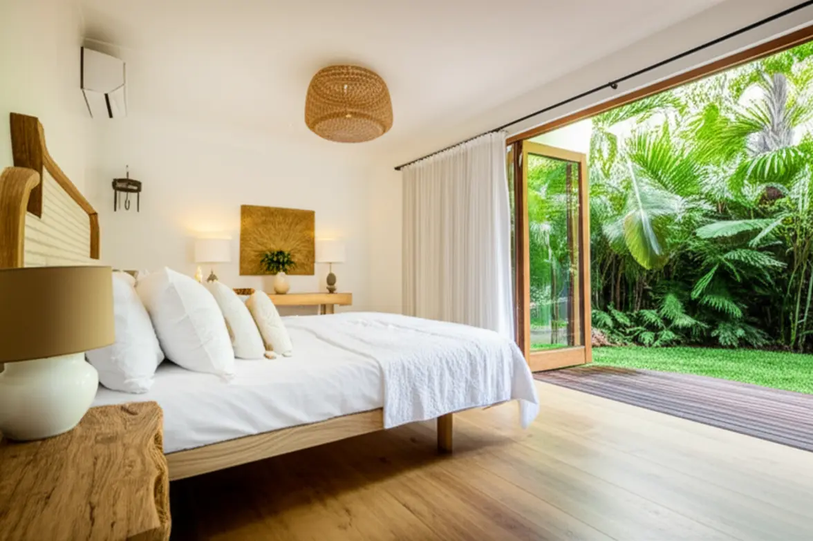 Quarto de hotel boutique luxuoso em Byron Bay com decoração minimalista e vista tropical.