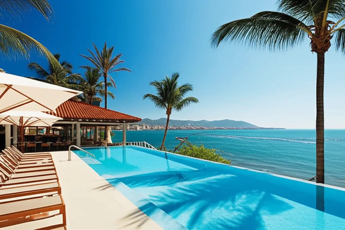 Resort de luxo com piscina de borda infinita de frente para a Marina Vallarta.