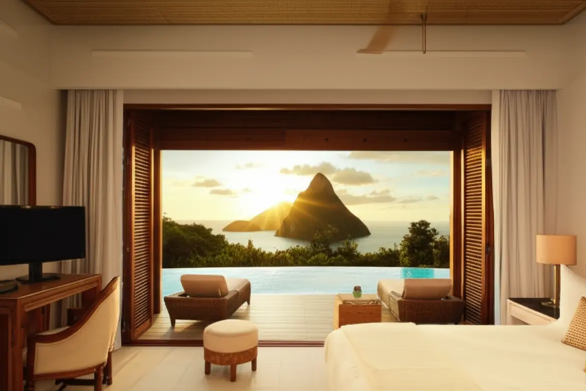 Interior de um resort de luxo em Santa Lúcia com vista para os Pitons.