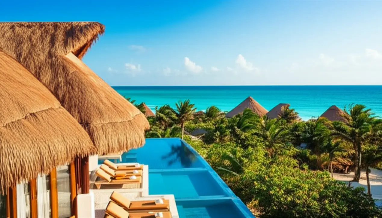 Resort de luxo em Tulum com piscina de borda infinita e vista para o mar.