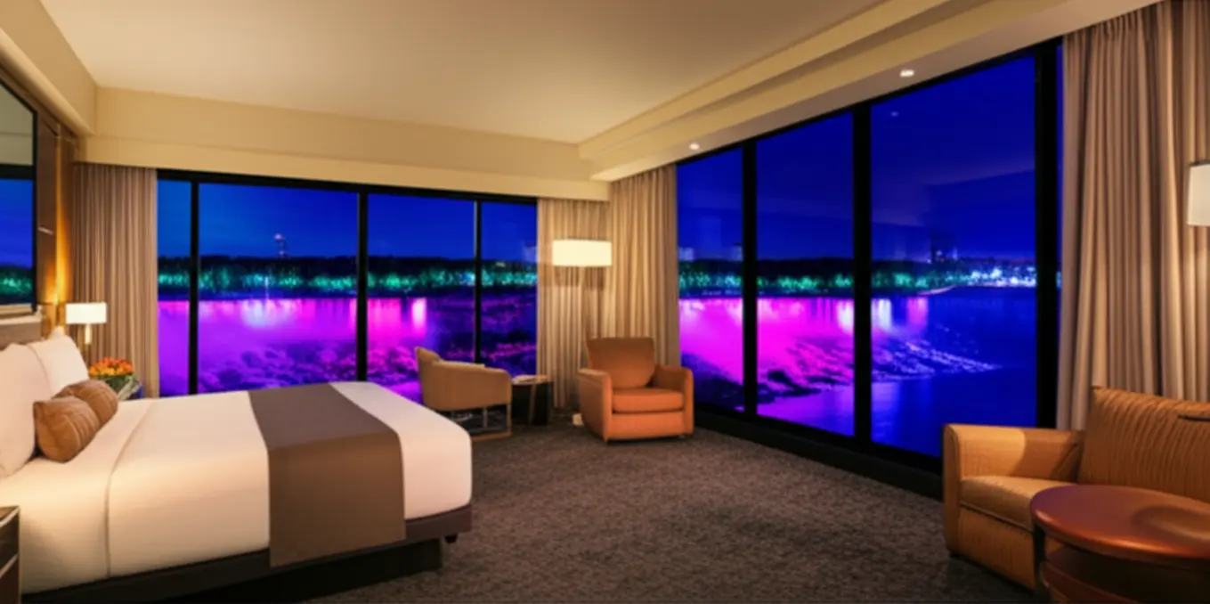 Vista noturna de um quarto de hotel com janela panorâmica para as cataratas iluminadas.