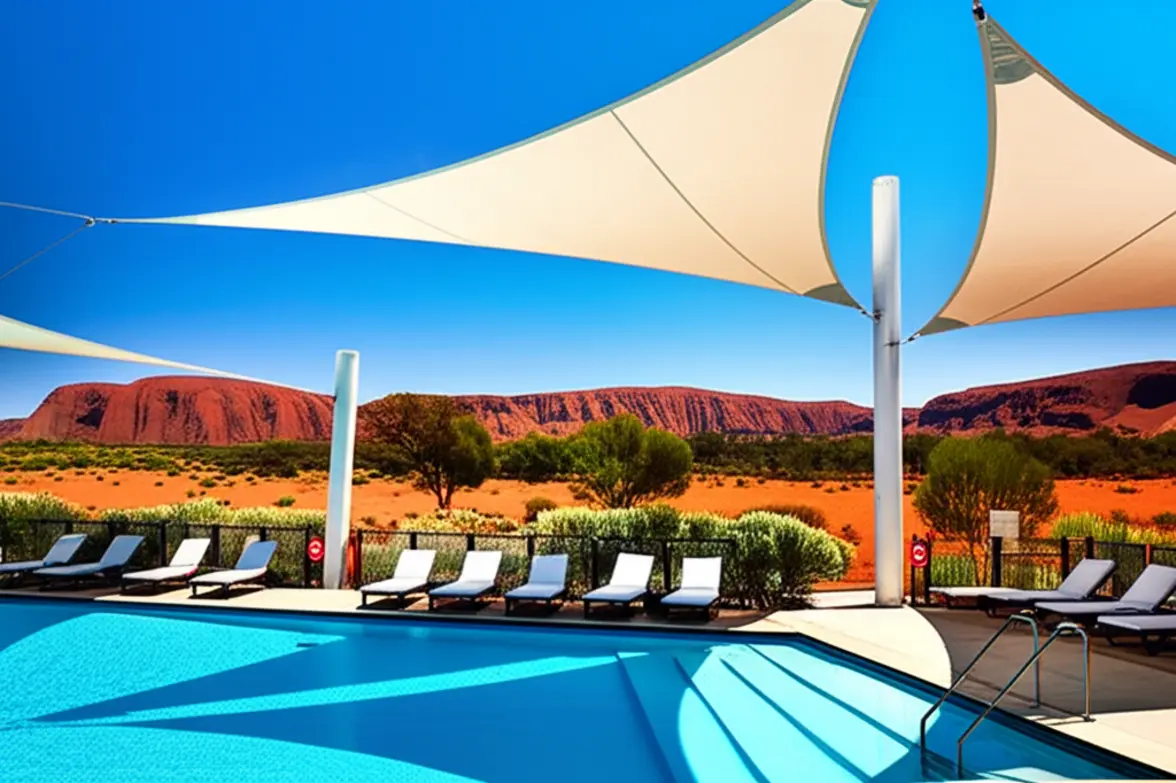 Piscina de resort de luxo no deserto australiano com vista para o horizonte.