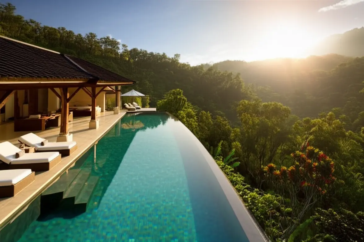 Vila de luxo com piscina de borda infinita voltada para a selva de Ubud.