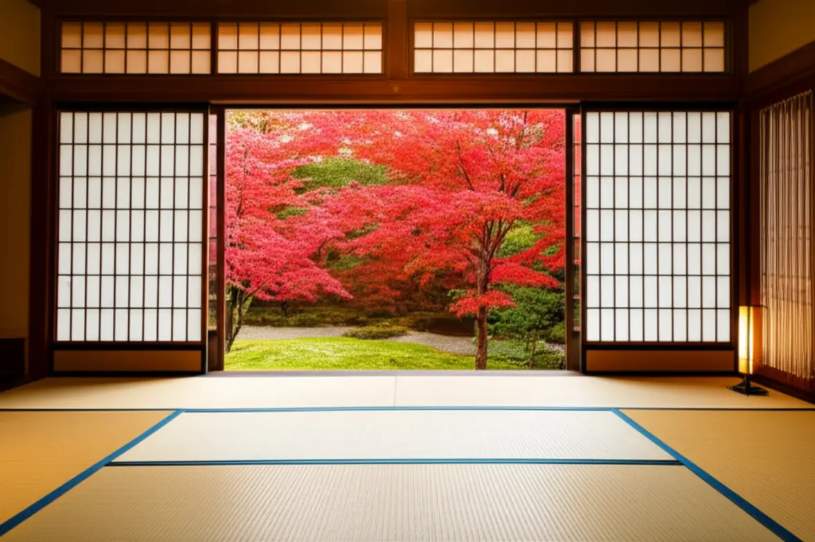 Quarto de um Ryokan tradicional com vista para um jardim japonês no outono.