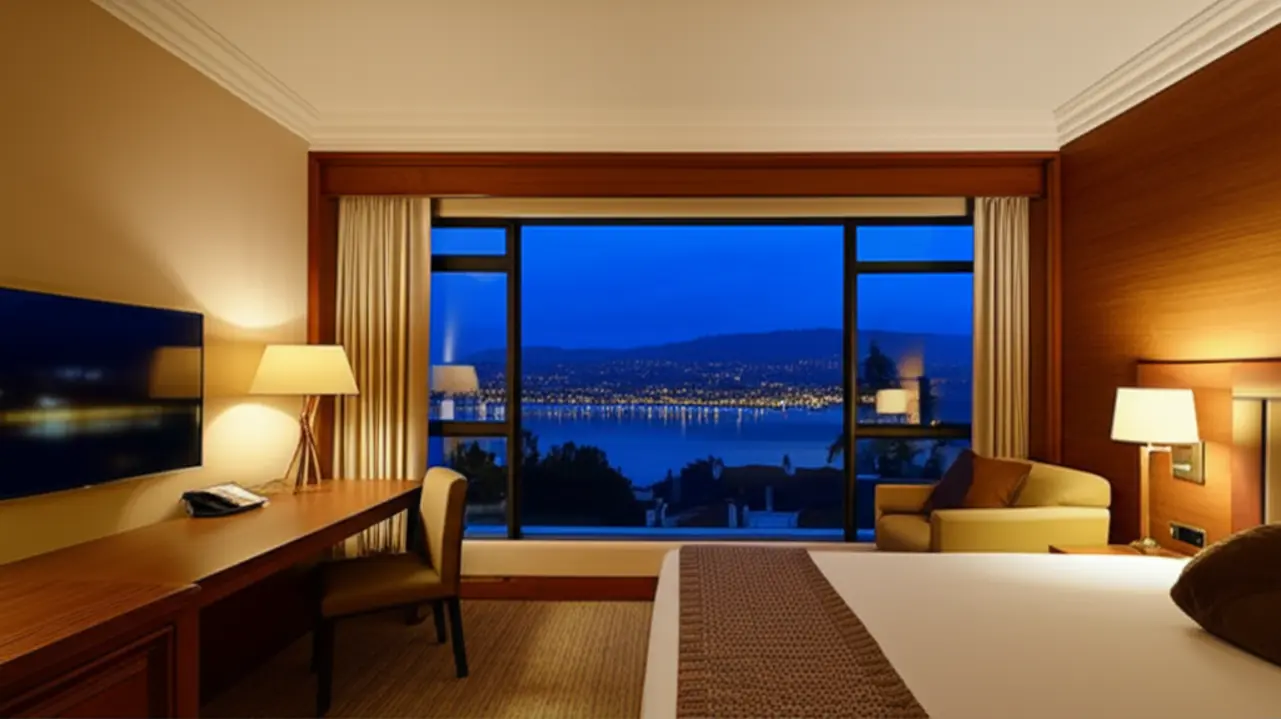 Vista de um quarto de hotel em Puerto Varas para o Lago Llanquihue.