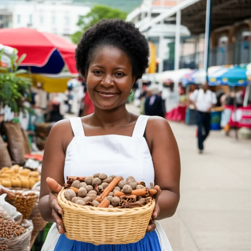 Mulher local sorrindo em um mercado de especiarias em Granada segurando noz-moscada.