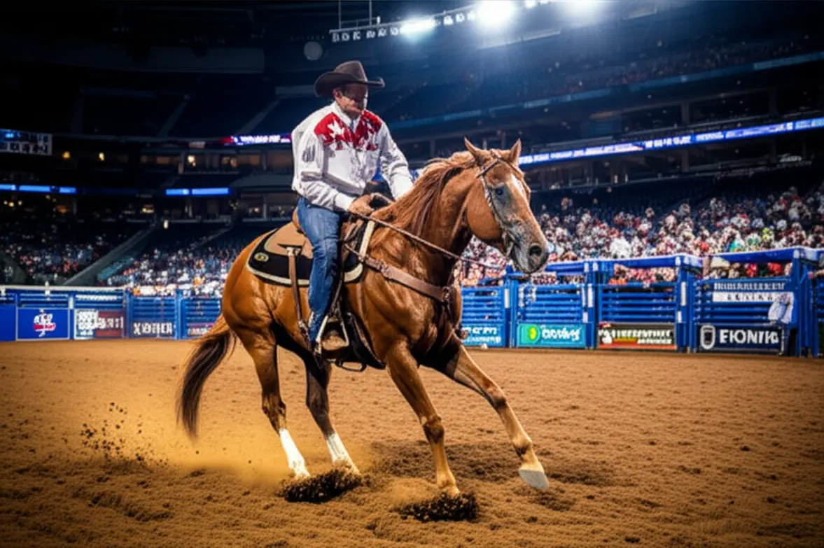 Cowboy em um cavalo durante o Houston Livestock Show and Rodeo.
