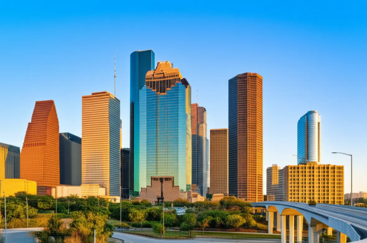Skyline de Houston com prédios modernos sob o pôr do sol.