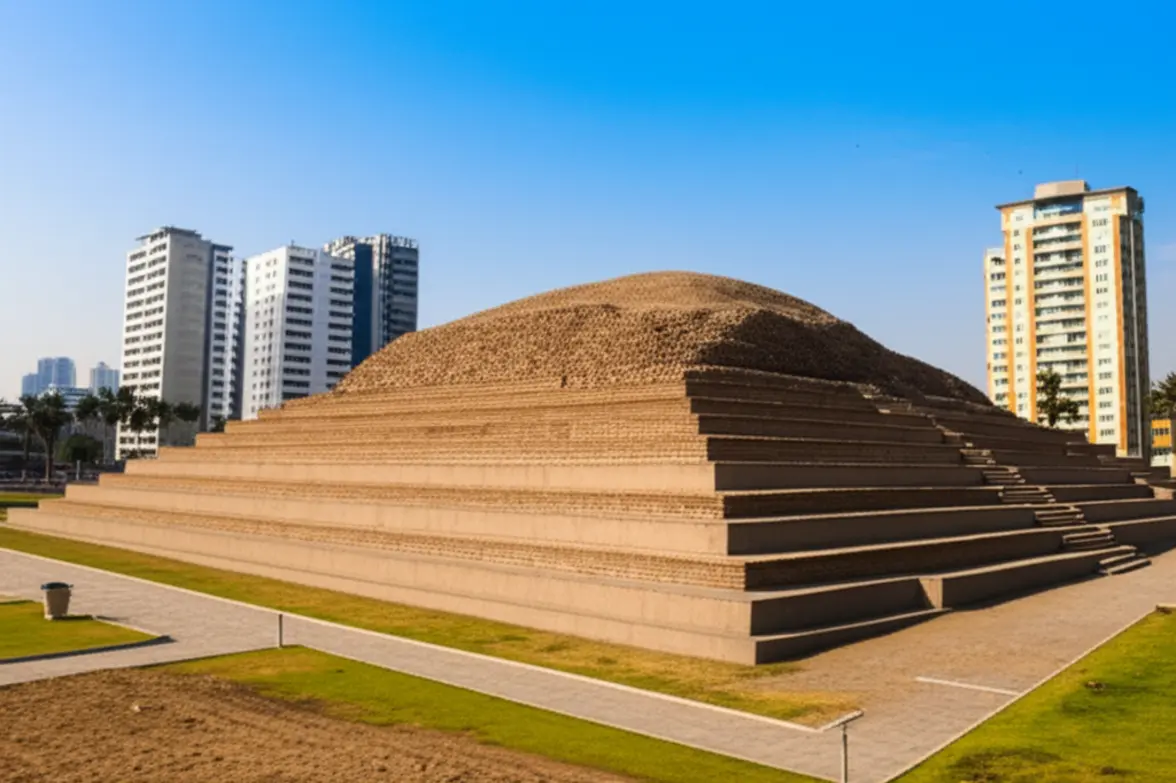 Ruínas de Huaca Pucllana com edifícios modernos ao fundo em Lima.