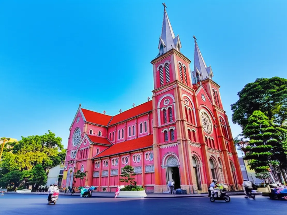 A fachada rosa vibrante da Igreja Tan Dinh em Ho Chi Minh.
