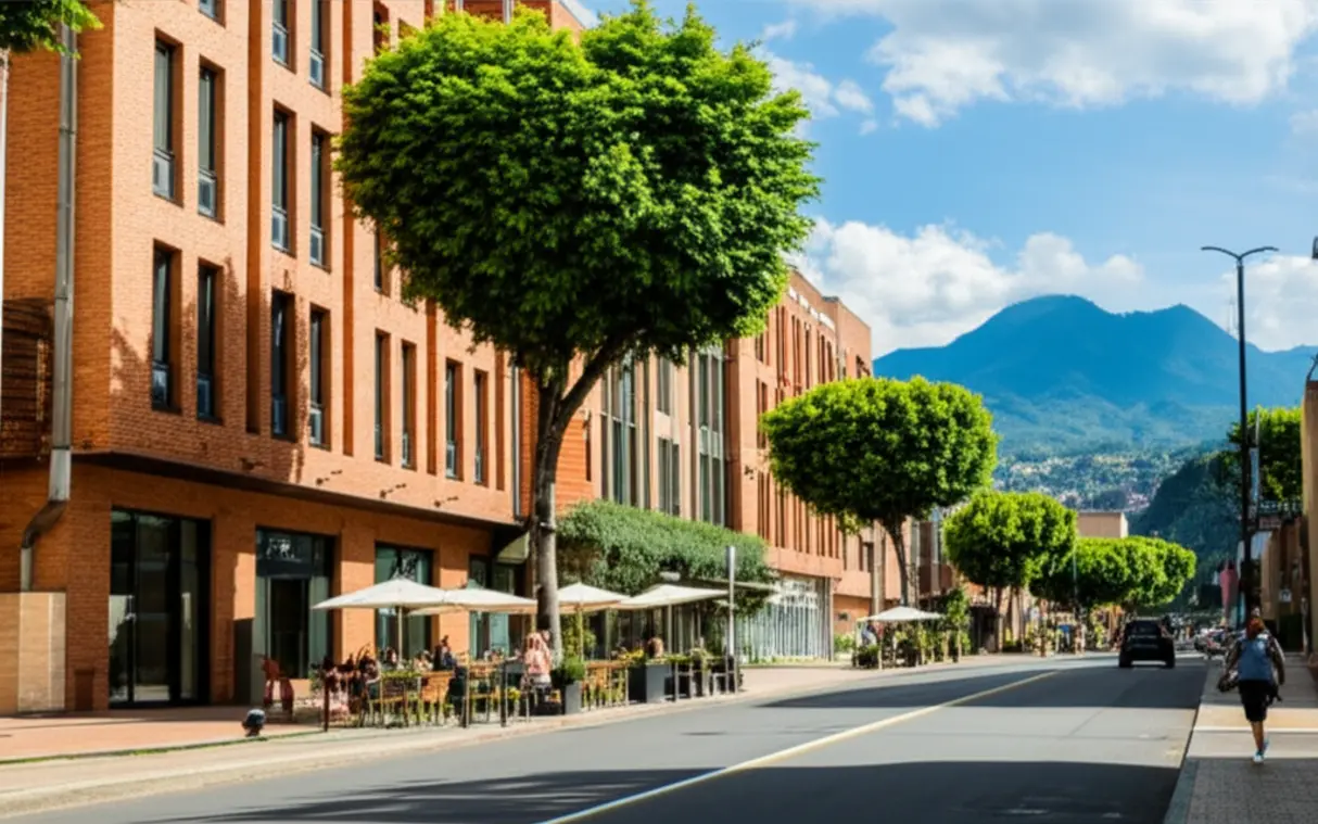 Vista aérea moderna do bairro Chapinero em Bogotá sob luz suave.