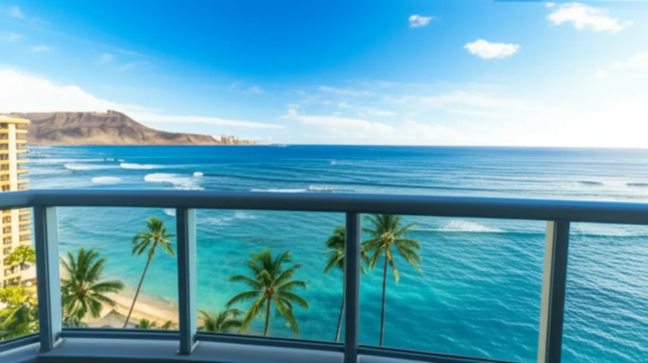 Vista de uma varanda de resort de luxo em Waikiki para o mar azul de Honolulu.