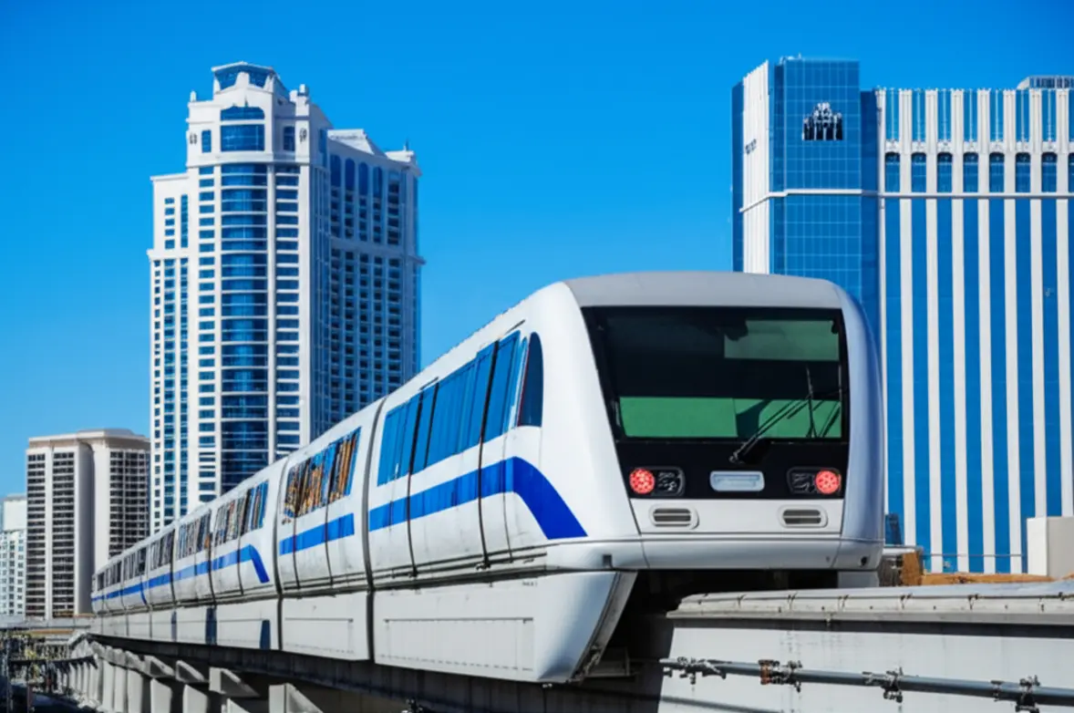 Trem do monotrilho de Las Vegas passando em frente a hotéis luxuosos da Strip.