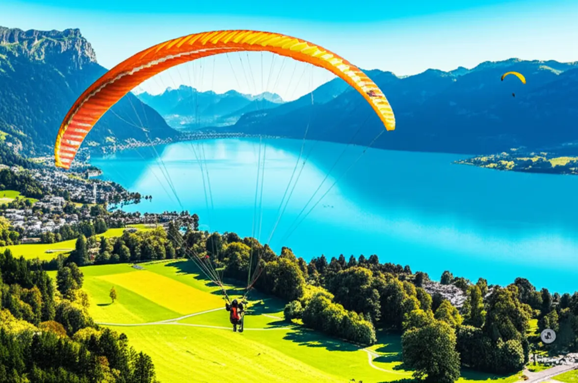 Parapente sobrevoando a cidade de Interlaken com os lagos azuis ao fundo.