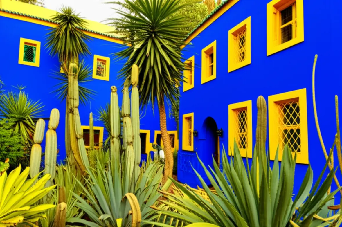 Paredes azul-vibrante e cactos no Jardim Majorelle em Marraquexe.