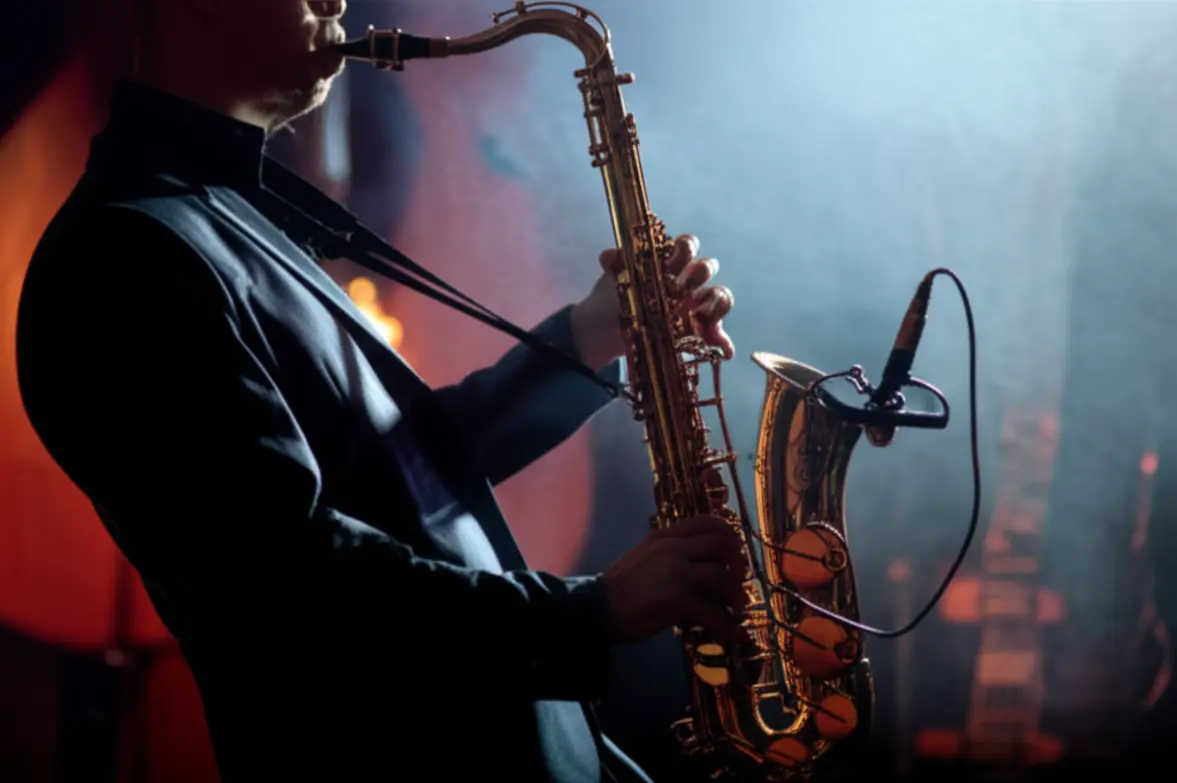 Músico tocando saxofone em um ambiente de Jazz clássico no bairro histórico de Kansas City.