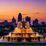 Uma fonte ornamental em primeiro plano com o skyline de Kansas City ao fundo sob um céu de pôr do sol.