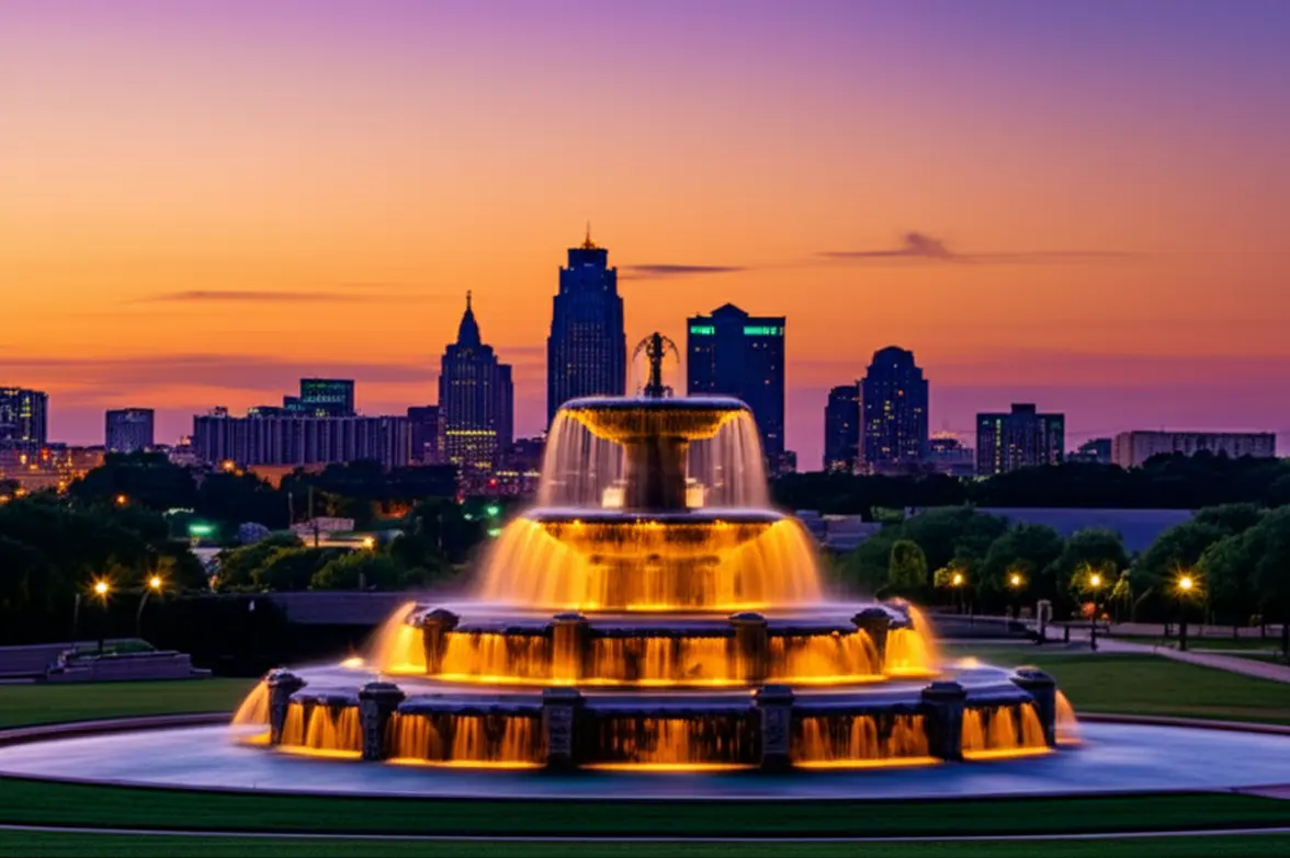 Uma fonte ornamental em primeiro plano com o skyline de Kansas City ao fundo sob um céu de pôr do sol.