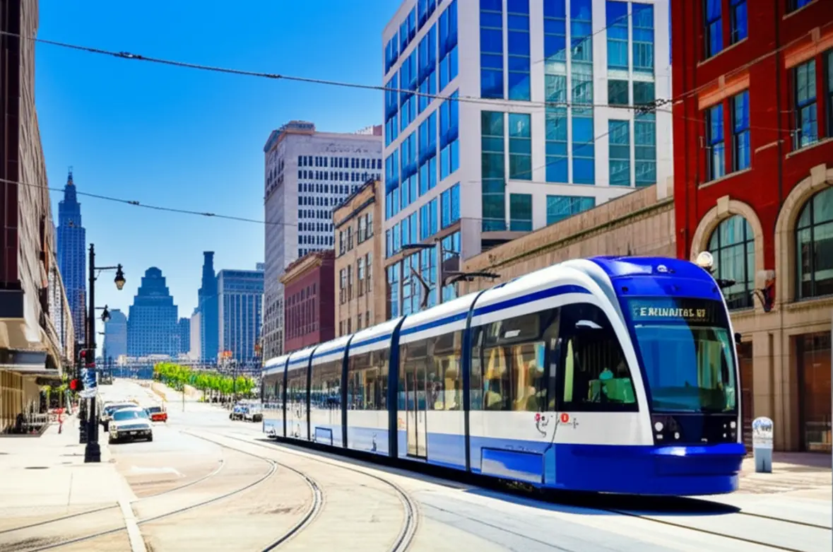 O bonde moderno Streetcar circulando pelas ruas do centro de Kansas City em um dia ensolarado.