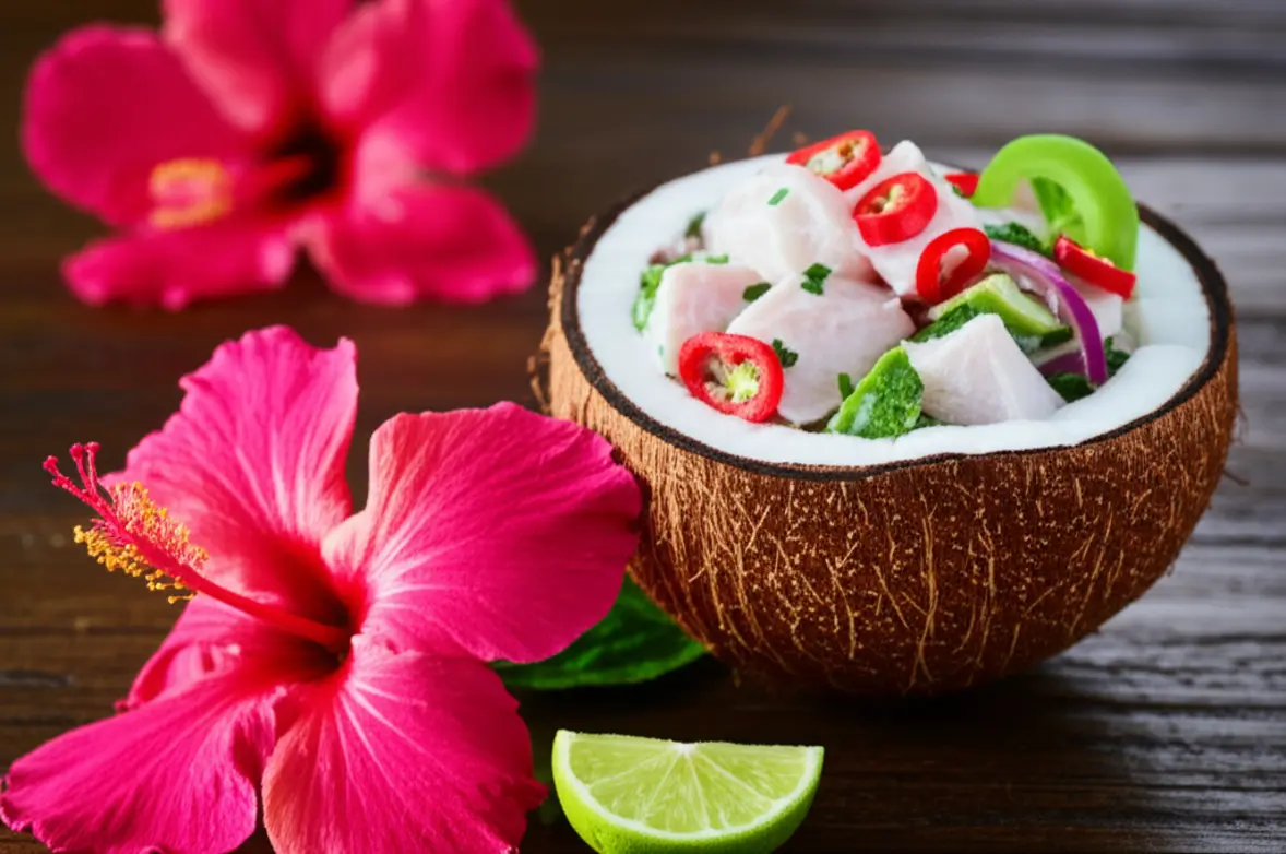 Prato de Kokoda (ceviche fijiano) servido dentro de um coco em uma mesa de madeira tropical.