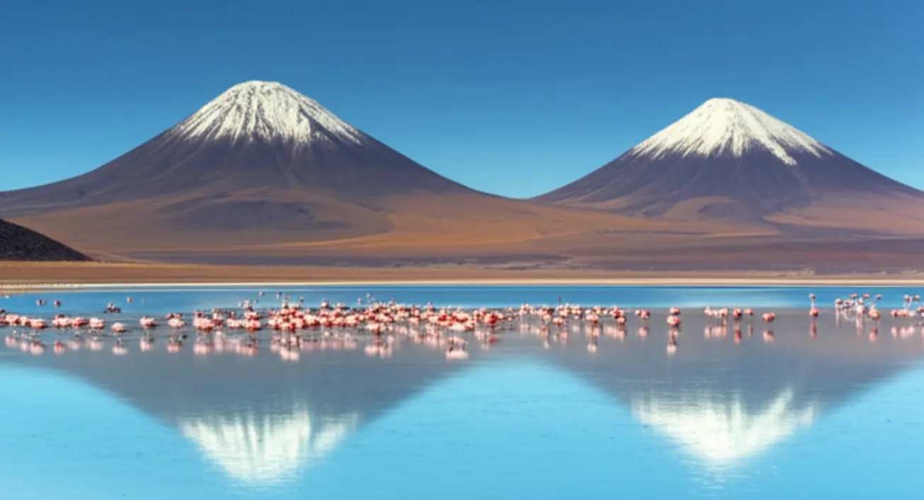 Flamingos andinos na Laguna Santa Rosa com vulcões cobertos de neve ao fundo.