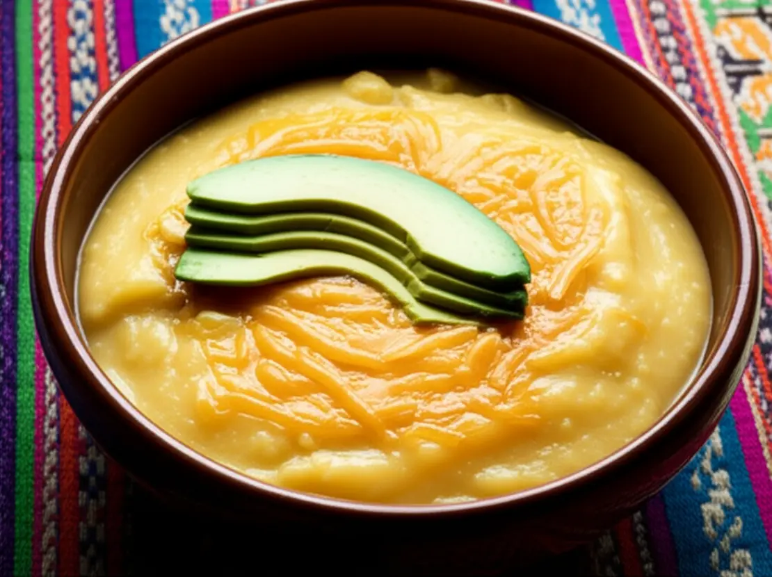 Tigela de cerâmica com Locro de Papa, prato típico de Quito, com abacate e queijo.