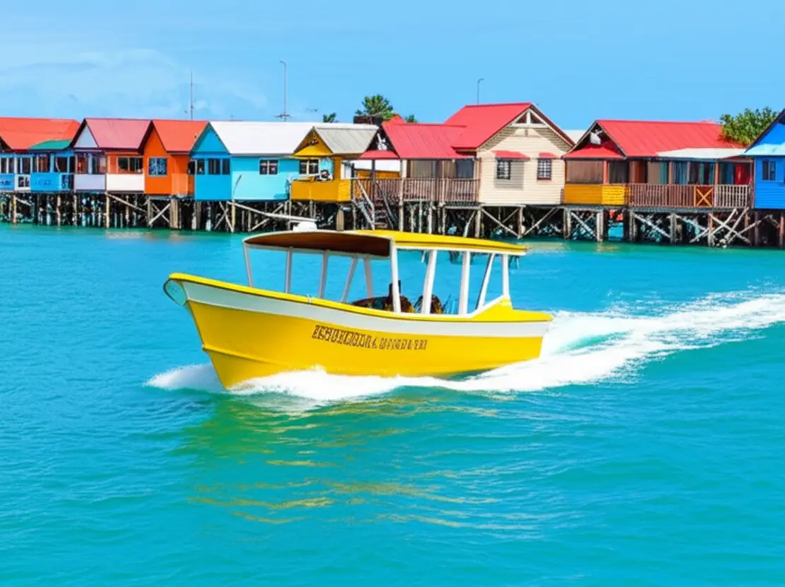 Lancha amarela (táxi aquático) navegando entre as casas coloridas sobre palafitas na Isla Colón.