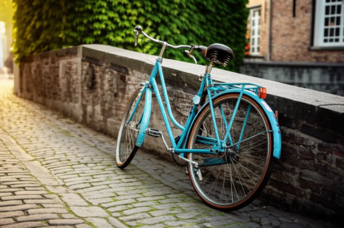 Uma bicicleta encostada em uma ponte de pedra antiga em uma rua de paralelepípedos em Bruges.