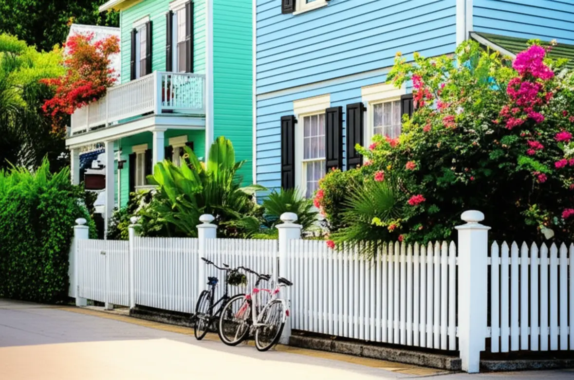 Rua charmosa de Old Town com bicicletas encostadas em casas de madeira coloridas.