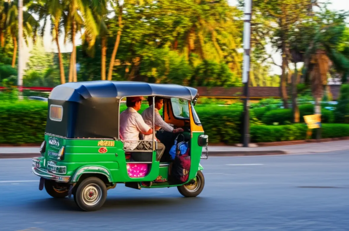 Um Tuk-tuk tradicional circulando por uma rua arborizada em Siem Reap.