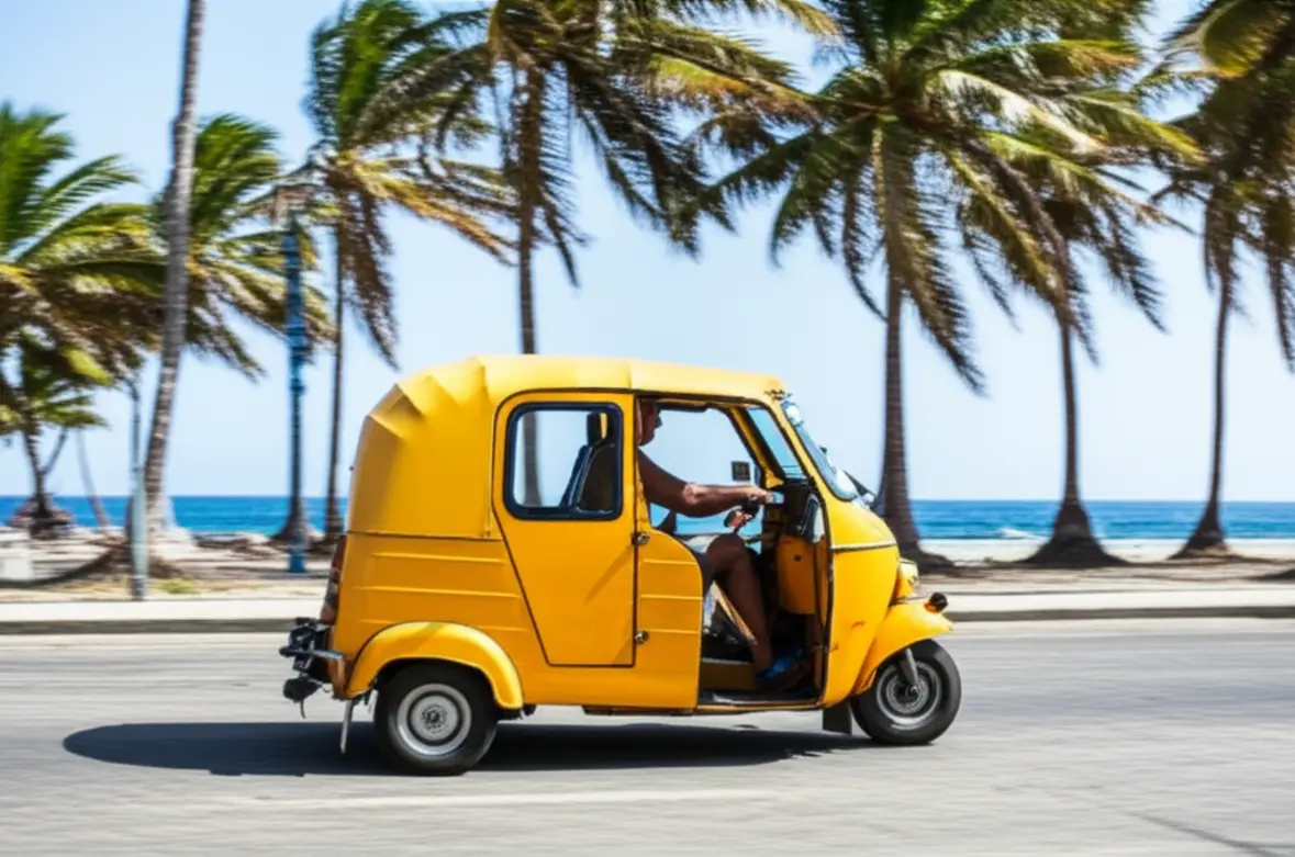 Um Coco Taxi amarelo circulando por uma rua ensolarada com palmeiras em Varadero.