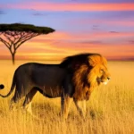 Leão majestoso caminhando pela savana do Maasai Mara sob a luz dourada do pôr do sol.